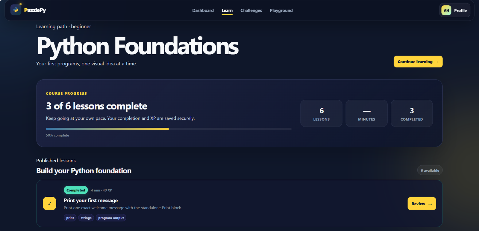 PuzzlePy lesson list for the Python Foundations course